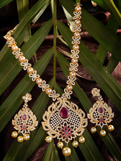Saraf RS Jewellery Gold-Polished White & Pink American Diamond Studded & Beaded Handcrafted Jewellery Set