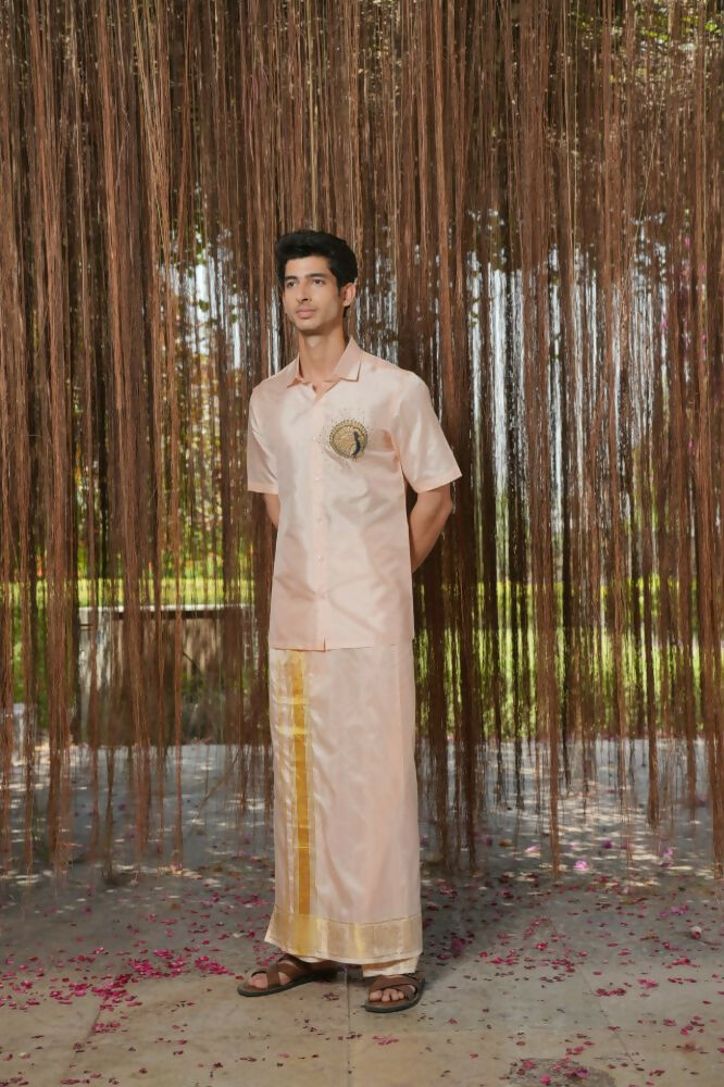 Light Pink Kanjivaram Machien Embroidered Pattu Set by Hilo Design