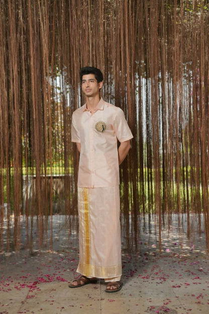 Light Pink Kanjivaram Machien Embroidered Pattu Set by Hilo Design