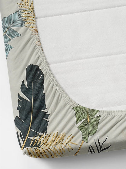 Florida Reeva Off White & Green Floral 180 TC Fitted King Bedsheet With 2 Pillow Covers