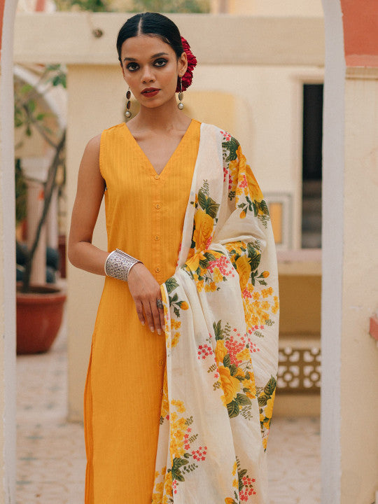 Anayna Women Mustard Yellow & Green Pure Cotton Kurta with Palazzos & Dupatta