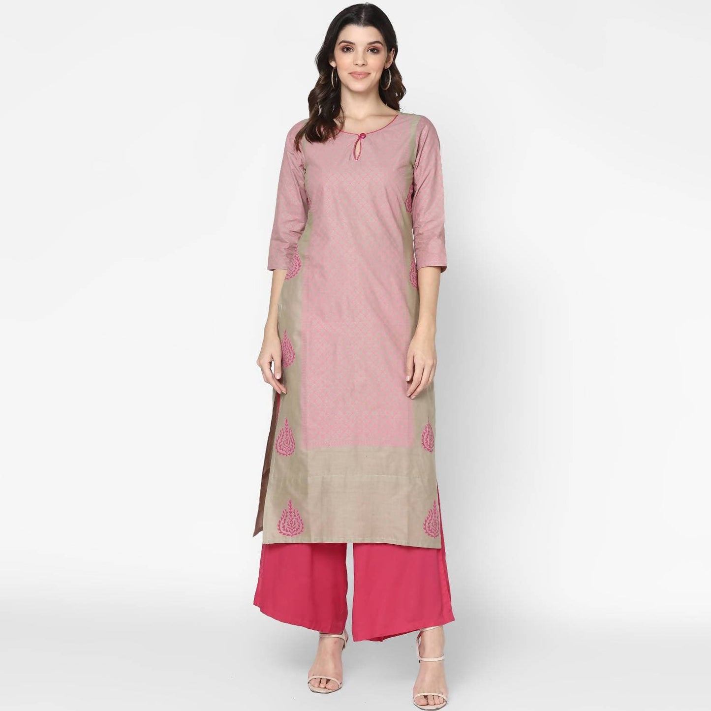 Cheera Hand Block Print Khaki Straight Kurta (MAAI-051K)