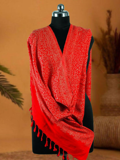 Weaving Mystery Handloom Pashmina Shawl-Kaani Zari - Red