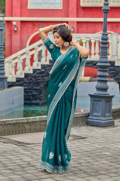 Vastranavya Rama Embroidery Work Shimmer Chiffon Saree with Unstitched Blouse