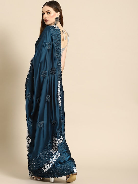 Anouk Blue Floral Embroidered Satin Saree