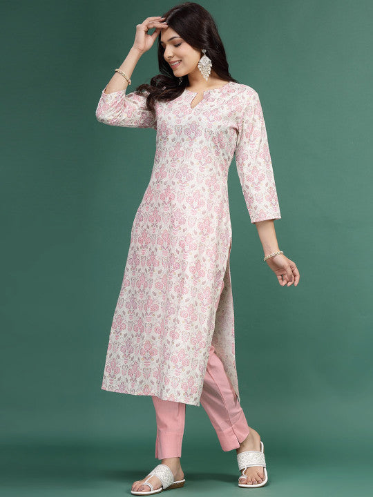 Floral Printed Cotton Notch Neck Straight Kurta