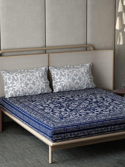 DDecor Blue & White Ethnic Motifs Cotton 140 TC King Bedsheet With 2 Pillow Covers