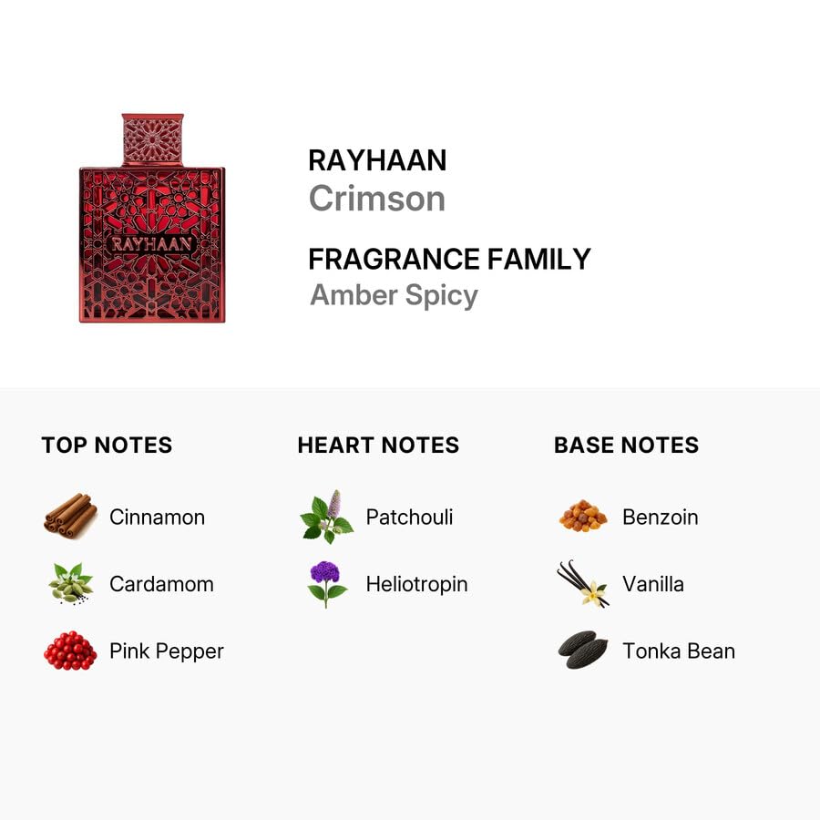 RAYHAAN Crimson Eau de Parfum Spray for Unisex –Luxury Arabian Perfume, Long Lasting EDP Fragrance, Premium Designer Red Bottle Scent, Rich Oriental Aroma for Men & Women