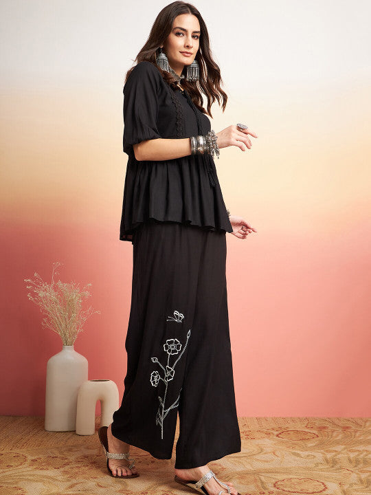 Sangria Embellished Lace Up Detail Top & Palazzo Co-Ords Set