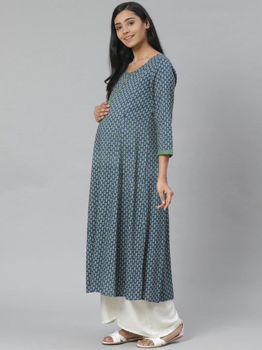 Anayna Women Navy Blue & Green Block Print A-Line Maternity Kurta