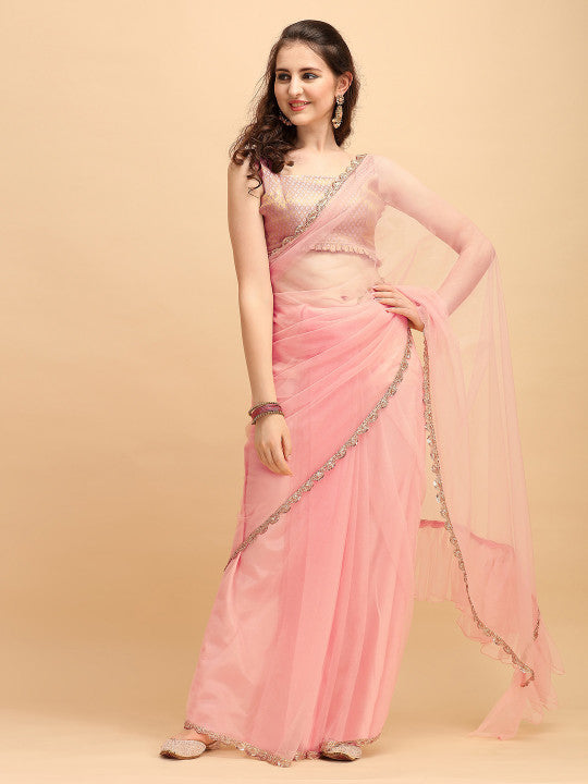 Sangria Women Zari and Sequinned Embroidered Border Saree with Blouse Piece