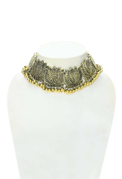 Mominos Fashion Johar Kamal Gold-Polished Brass Finish Lotus Design Choker For Women