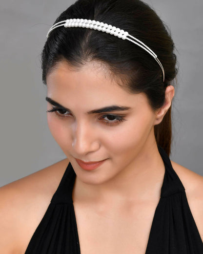 VOJ Silver Plated Pearl Studded Double Layer Hairband