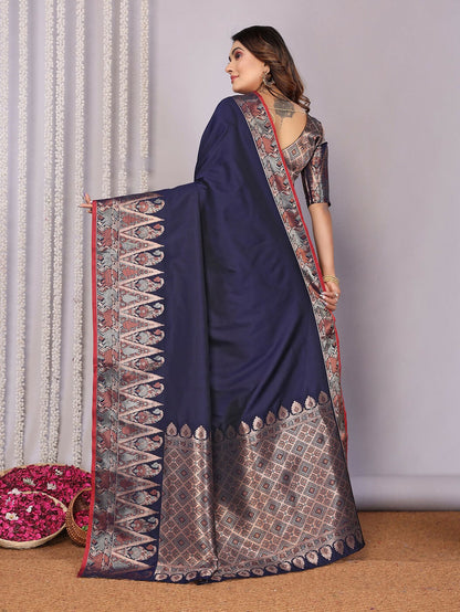 Joban Fashion Banarasi Navy Blue Jacquard Woven Soft Silk Saree
