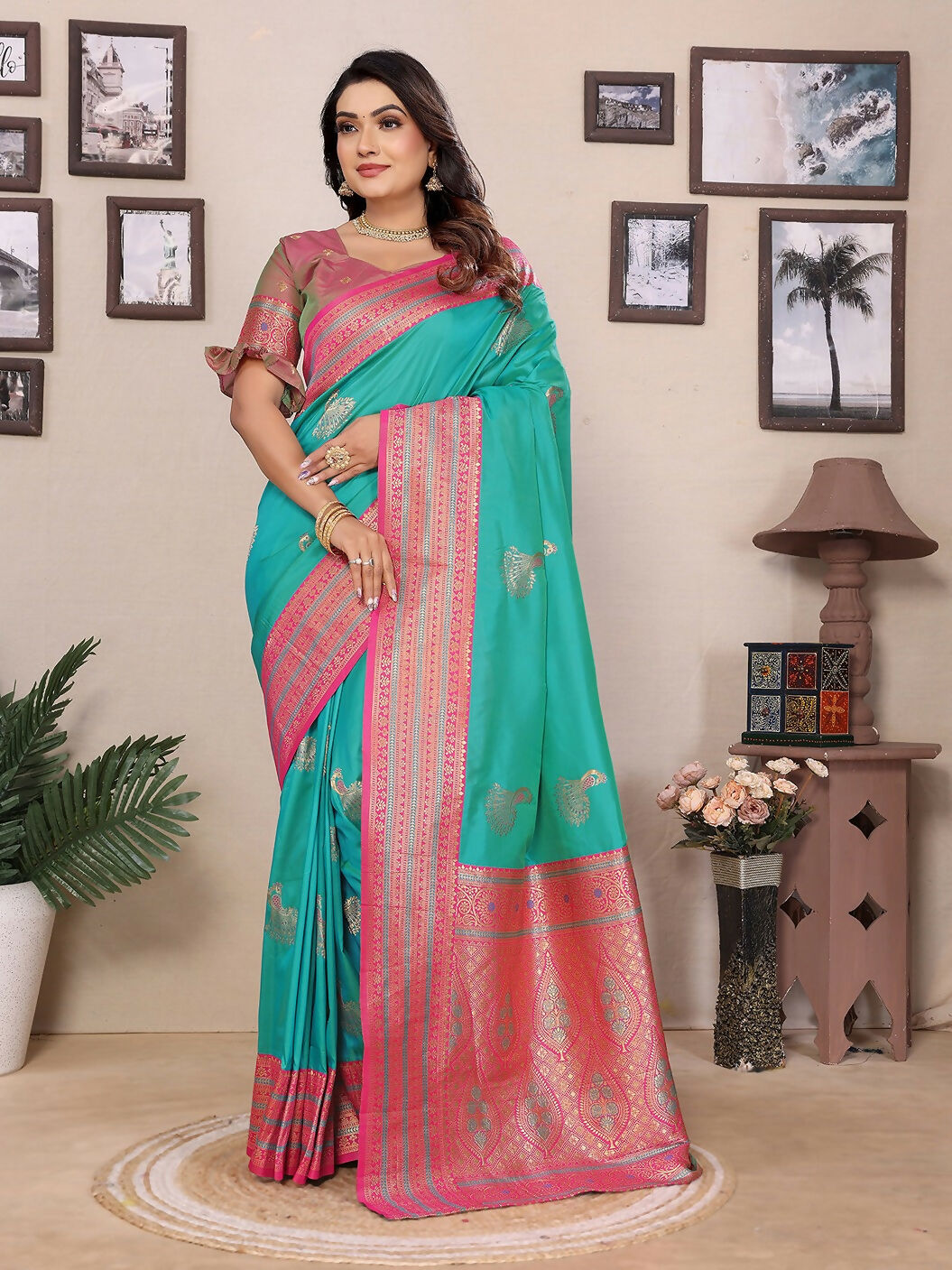Joban Fashion Banarasi Turquoise Small Butti Soft Silk Saree