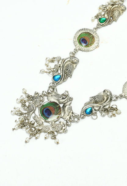 Mominos Fashion Johar Kamal Oxidised Silver-Plated Brass Finish Long Necklace For Women (Silver)