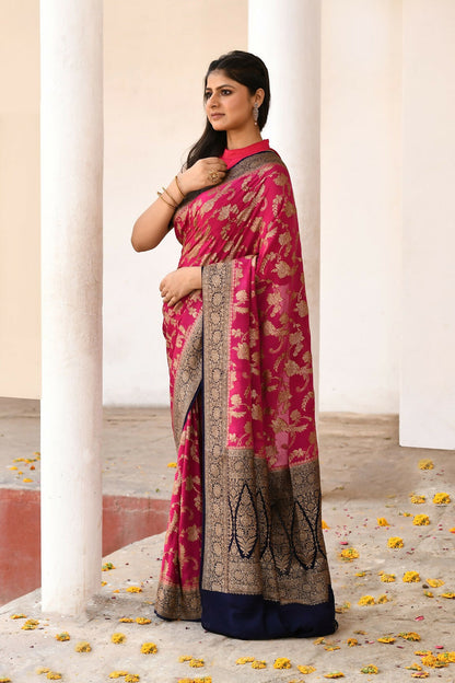Joban Fashion Hot Pink Crepe Chiffon Pure Handloom Banarasi Silk Saree