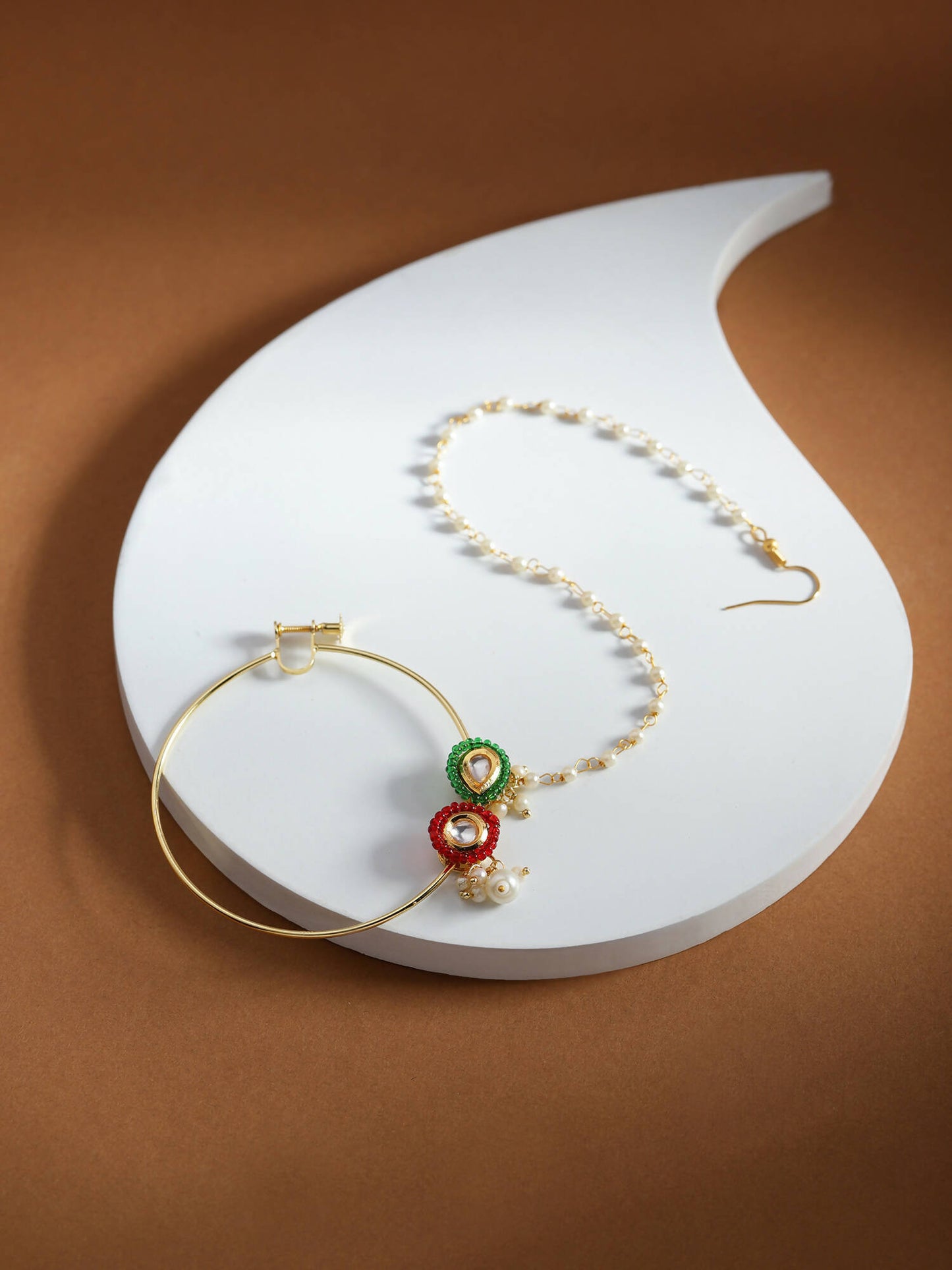Gold-Polished White Red Stone-Studded Pearl Beaded Nosepin - Ruby Raang
