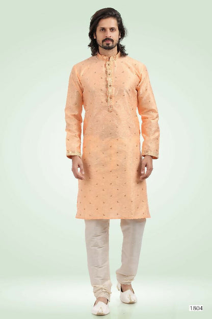 Raivat Ethnic Jacquard Banarasi Silk Pintux Work Kurta Pajama In Peach Colour