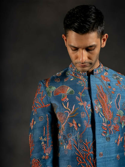 Navy Blue Coral Voyage Hand Embroidered Indowestern Sherwani by Hilo Design