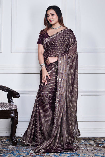 Morchari Purple Pure Chiffon Hand Embroidery Saree And Stitched Blouse