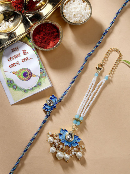 NVR Women & Men Set of 2 Blue Lotus Shape Kundan-Studded & Beaded Wraparound Rakhi Set With Roli Chawal & Chocolate