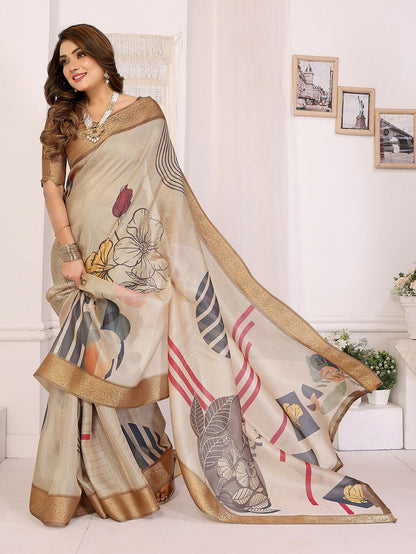 Joban Fashion Beige Art Print pattern Banarasi Silk Sarees