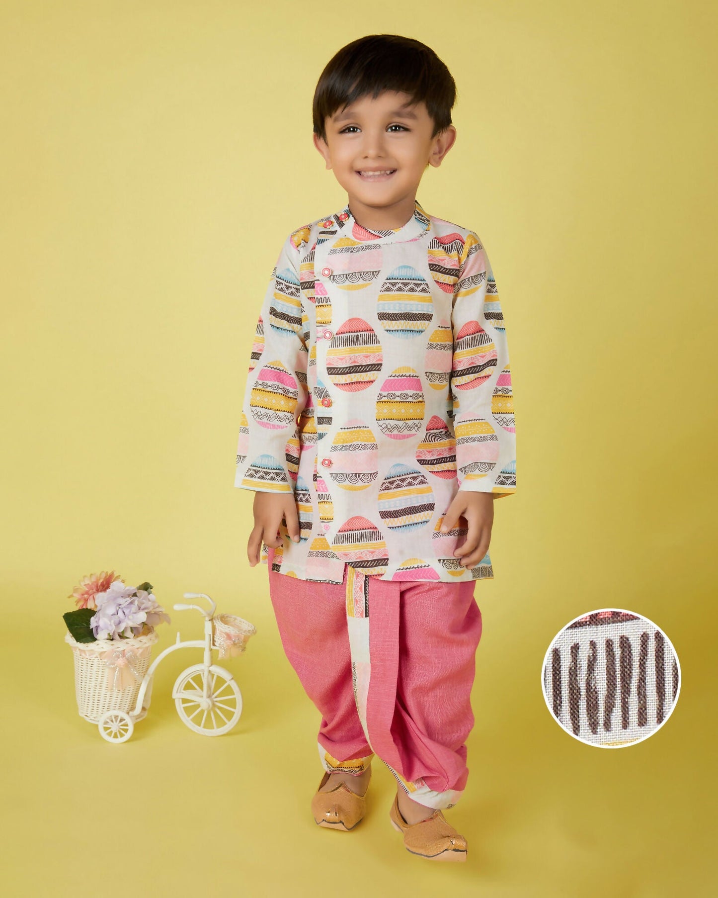Joban Fashion Kids Island Cotton Full Sleeves printed Kurta and Solid Dhoti - Pink