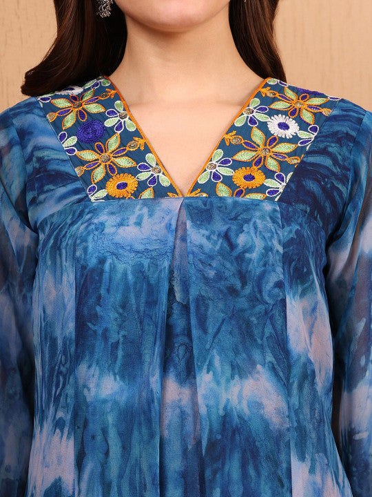 Sangria Women Georgette Tie & Dye and Embroidered A-line Flared Kurta