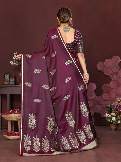 Joban Fashion Wine Floral Motifs Banarasi Silk Sarees