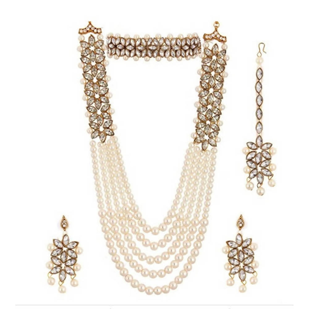 Mominos Fashion Rajwadi Gold-Polished Wirh Stone & Pearls Necklace Combo Set