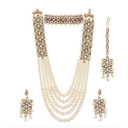 Mominos Fashion Rajwadi Gold-Polished Wirh Stone & Pearls Necklace Combo Set
