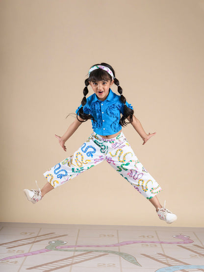 Snakes and Ladders Girls Blue Shirt and Multi Color Snake Print Pant Set from Siblings Collection