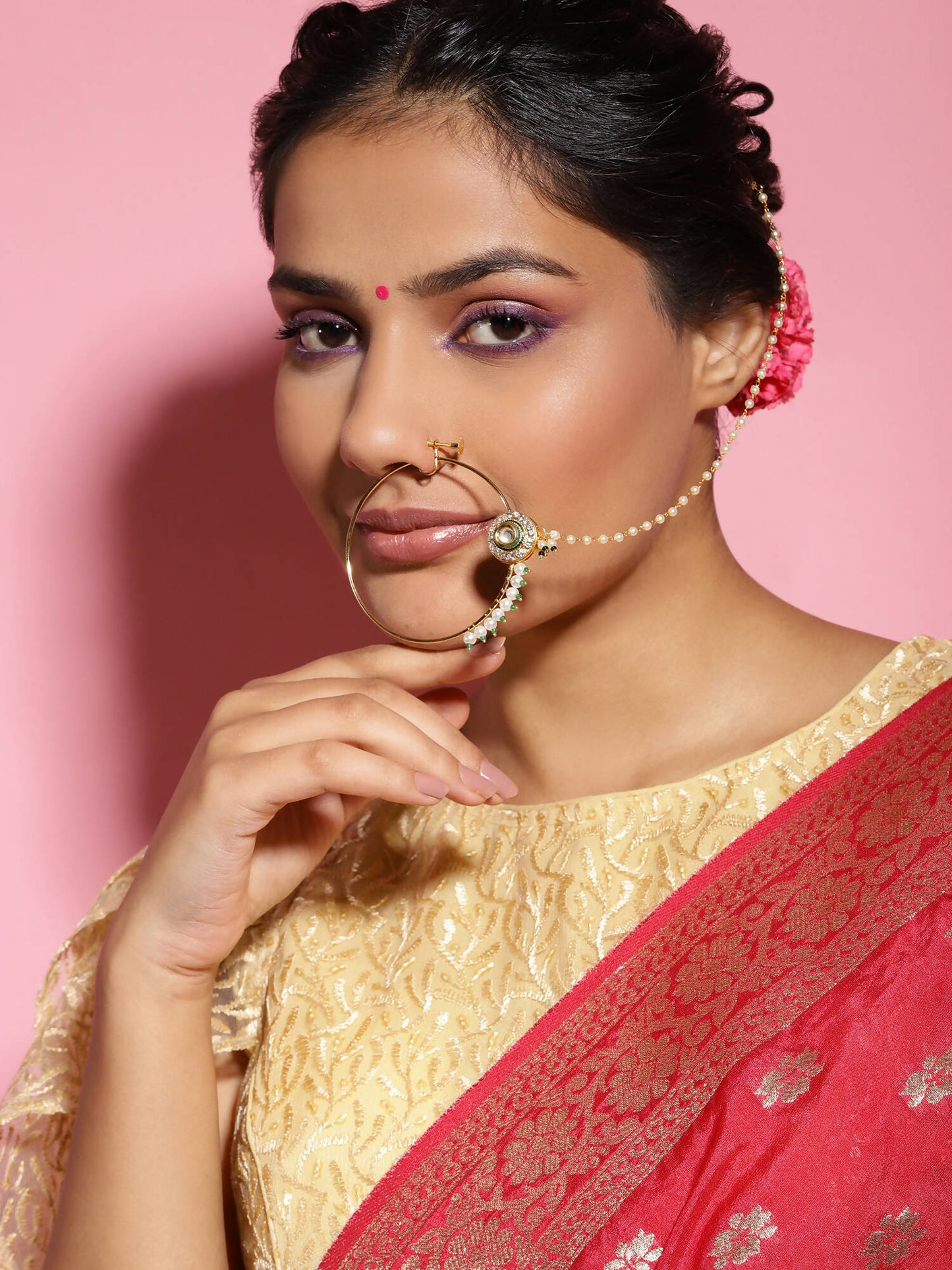 Gold-Polished White Green Kundan-Studded Pearl Beaded Nosepin - Ruby Raang