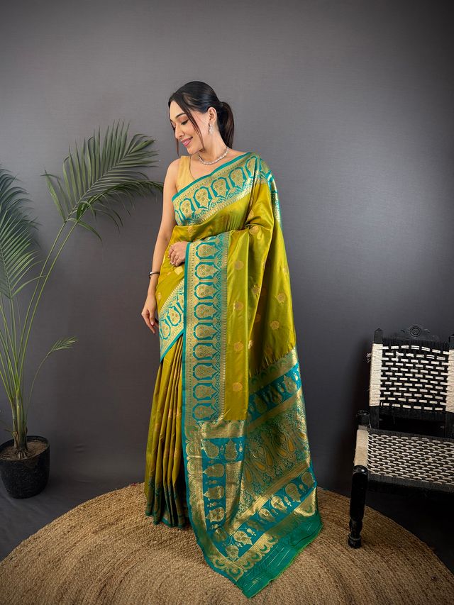 Elora Mustard Soft Silk Butti Zari Weaving Constrast Pallu Banarasi Saree