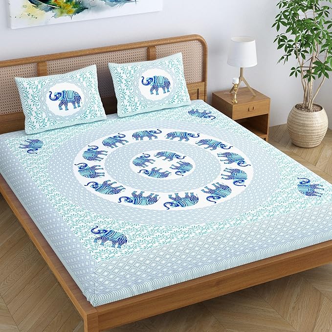 Colorish Jaipuri Traditional Elephant Printed Cotton Blend Bed Sheet With 2 Pillow Covers | Spectral Blue