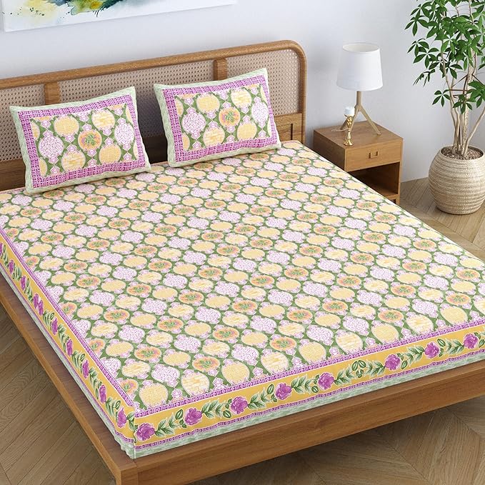 Colorish Cotton Blend Floral Printed Jaipuri King Size Double Bedsheet Set with 2 Pillow Covers | Misty Rose