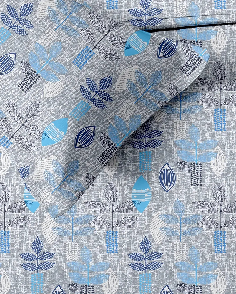 Trance Home Linen Pure 100% Cotton 144Tc Printed King Fitted Bedsheet with 2 Pillow Covers 144 tc Textured Leaves Colour Blue