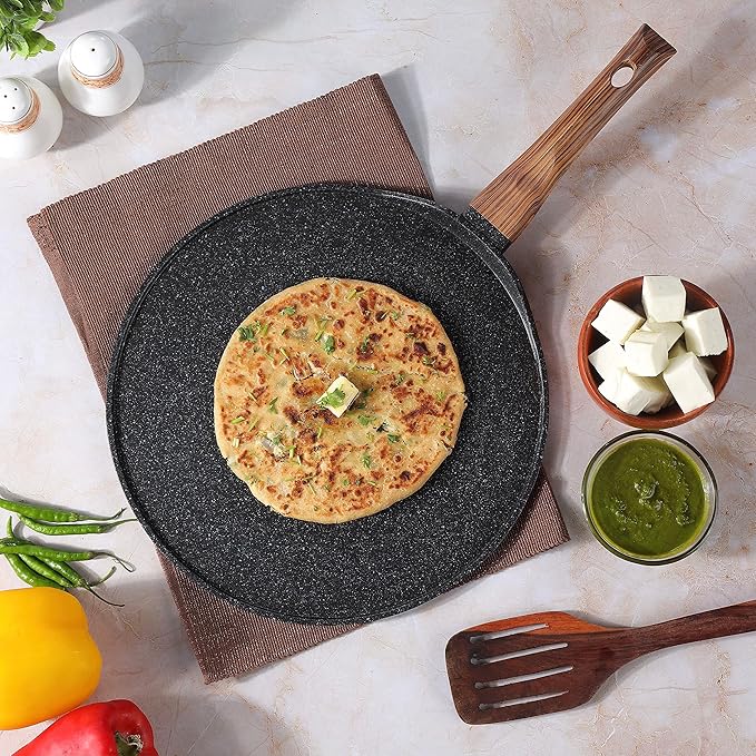 Vinod Zest Plus Die Cast Aluminium Non Stick Tawa - 28 cm | Roti / Paratha / Dosa Tawa with Wooden Handle | 5mm Thick