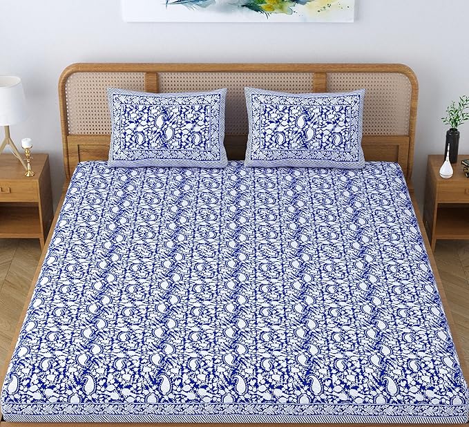 Colorish Cotton Blend Motif Printed Jaipuri Bedsheet for Double Bed King Size with 2 Pillow Covers | Sapphire Blue