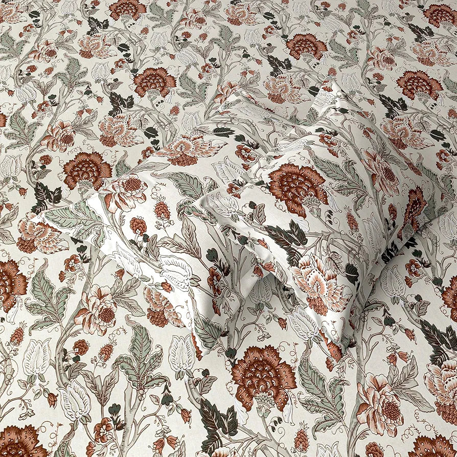 Trance Home Linen 180TC 100% Cotton 78"x72" Standard King Size Elastic Fitted Bedsheet Printed King Bed Size with 2 Pillow Covers Colour Malhaar Rust