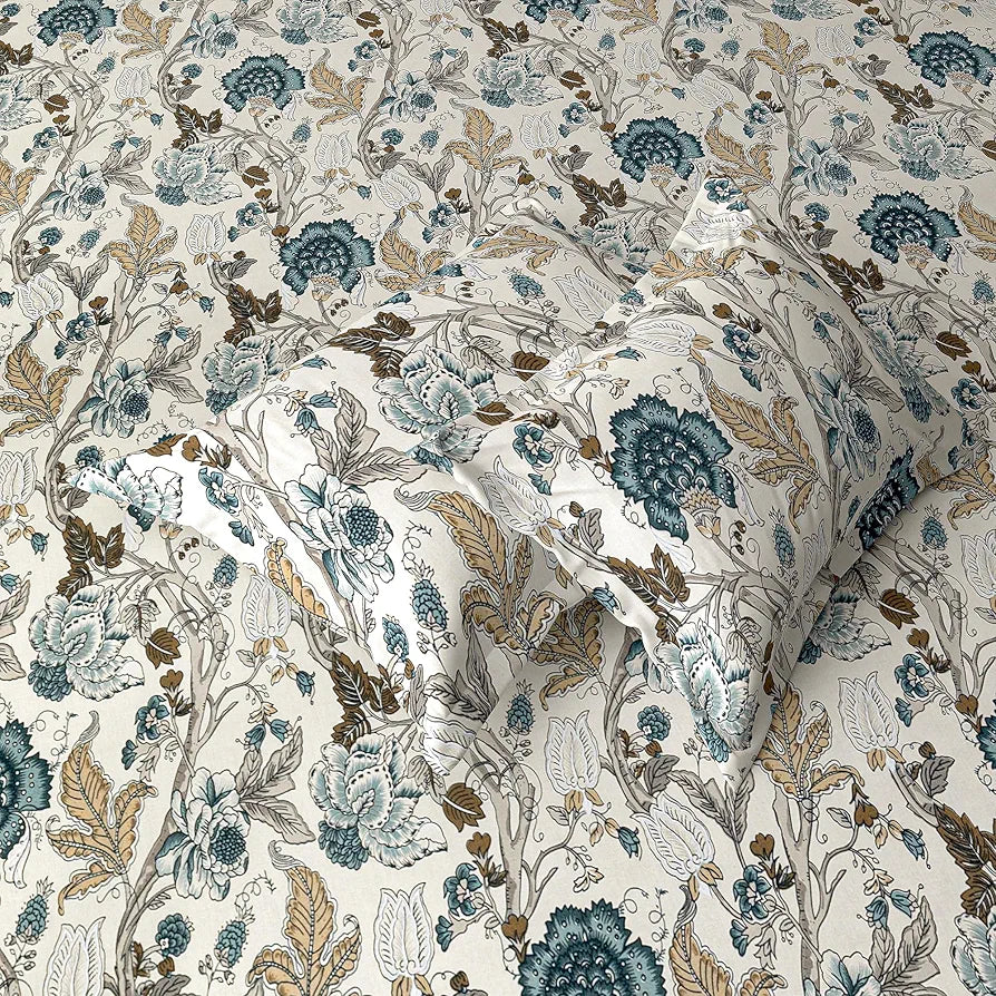 Trance Home Linen 180TC 100% Cotton 78"x72" Standard King Size Elastic Fitted Bedsheet Printed King Bed Size with 2 Pillow Covers Colour Malhaar Teal