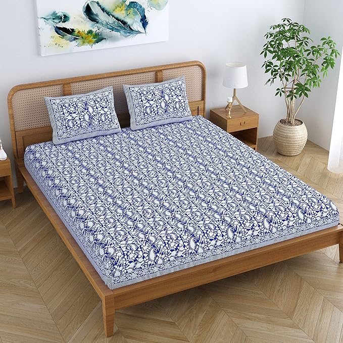 Colorish Cotton Blend Motif Printed Jaipuri Bedsheet for Double Bed King Size with 2 Pillow Covers | Sapphire Blue
