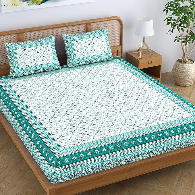 Colorish Cotton Blend Traditional Floral Jaipuri Block Printed Double Bedsheet King Size with 2 Pillow Covers | Turquoise Green