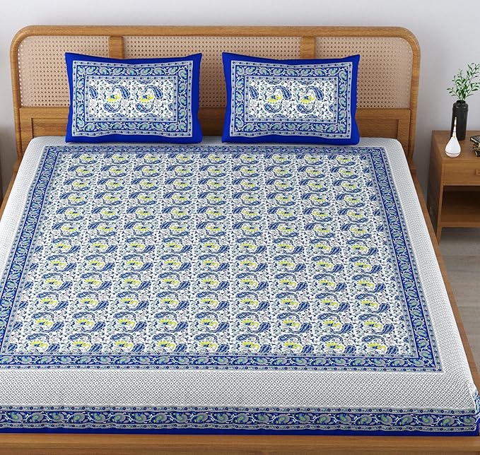 Colorish 120 Tc Cotton Blend Elephant Printed Jaipuri Bedsheet for Double Bed King Size With 2 Pillow Covers | Indigo Blue