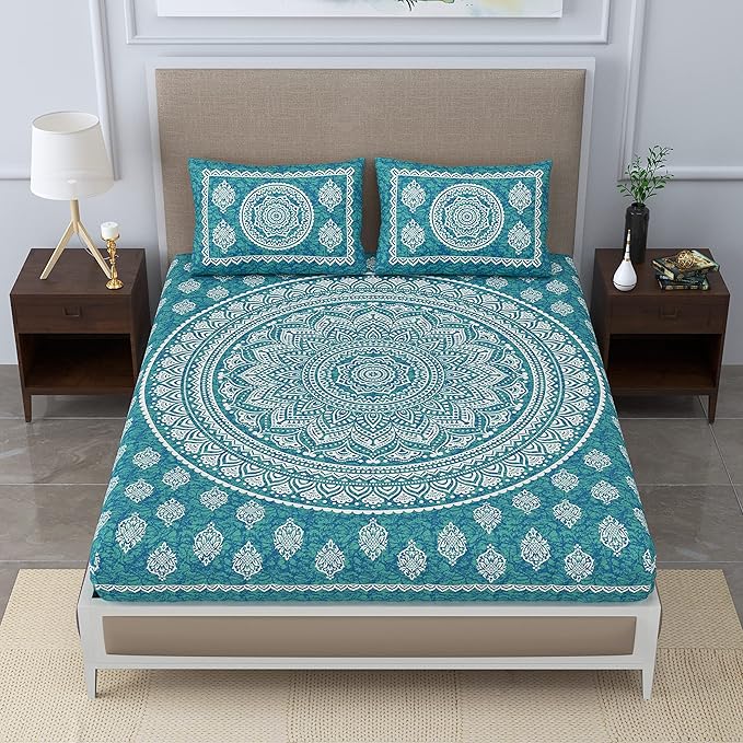 Colorish Cotton Blend Traditional Mandala Jaipuri Printed Bedsheet for Double Bed King Size With 2 Pillow Covers | Sea Green