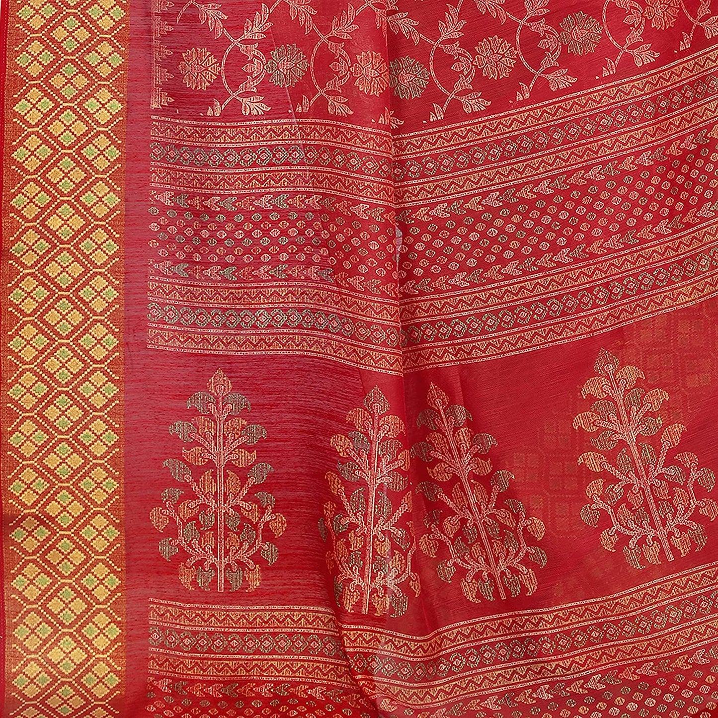 Mirchi Fashion Women's Red Cotton Blend Kalamkari Printed Saree