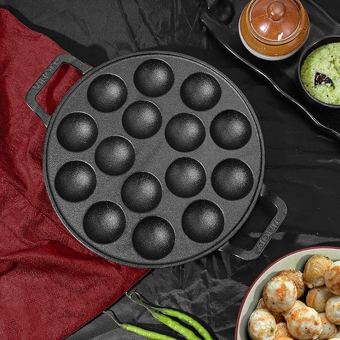 Vinod Legacy Cast Iron Stick Free Paniyarakkal Pan - 15 Cups | 25cm
