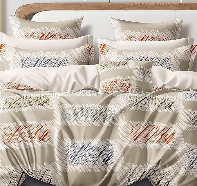 Cortina 140 Tc 100% Microfiber Printed Double Bedsheet Set With Two Pillow Case | 90x100 Inches | Striped | Beige