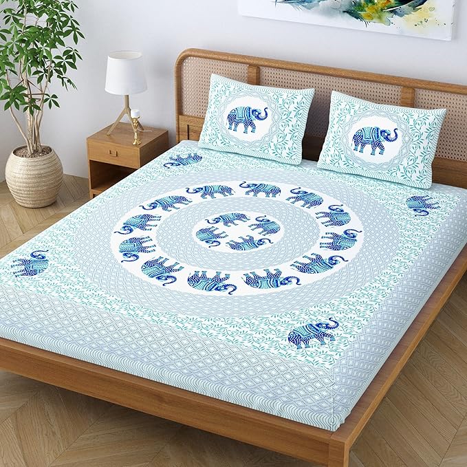 Colorish Jaipuri Traditional Elephant Printed Cotton Blend Bed Sheet With 2 Pillow Covers | Spectral Blue
